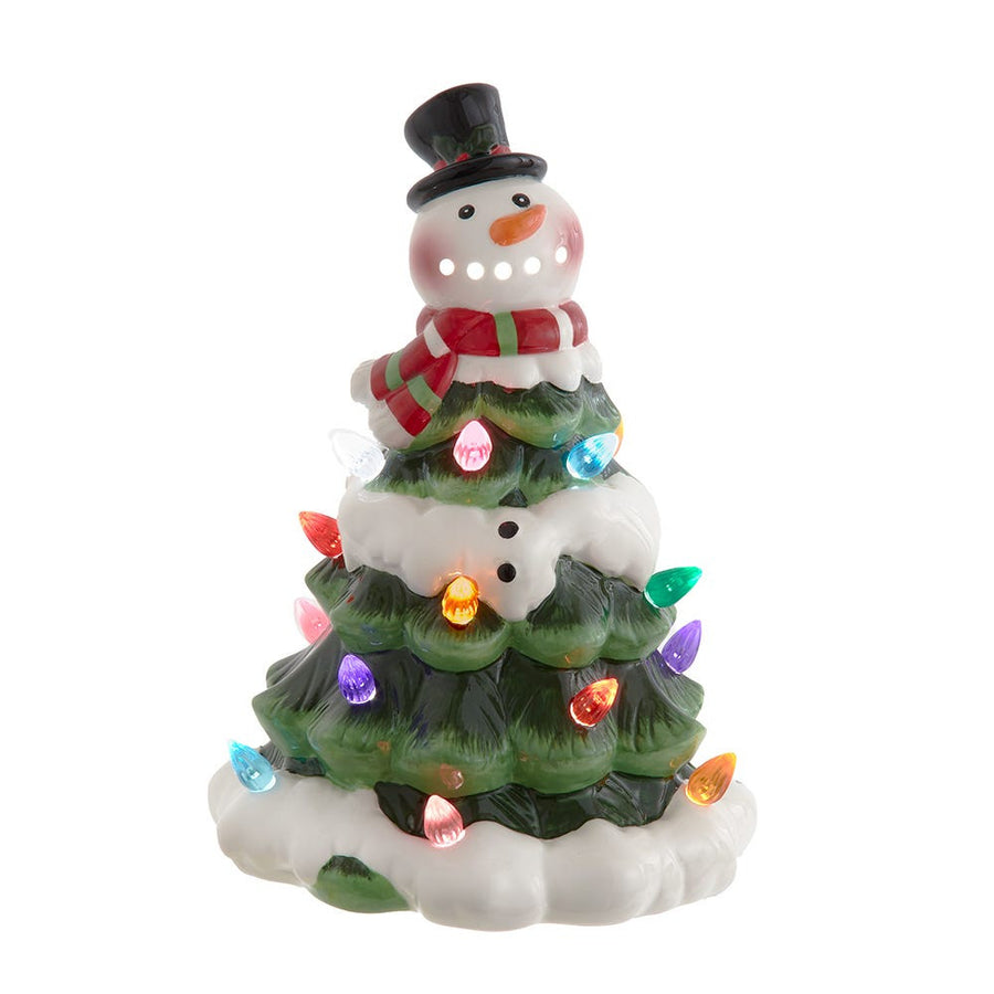 9" Battery Operated Ceramic Light-Up Snowman Tree