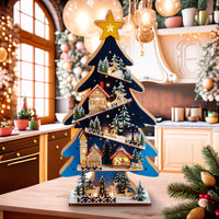 Battery Operated Light-Up LED Wooden Christmas Tree With Village Scene