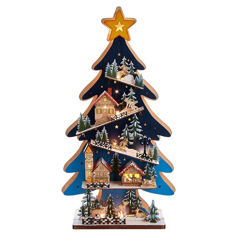 Battery Operated Light-Up LED Wooden Christmas Tree With Village Scene