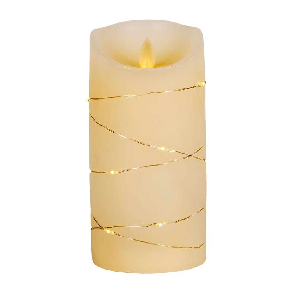 6" Battery Operated Flicker Flame White Candle With Fairy Lights