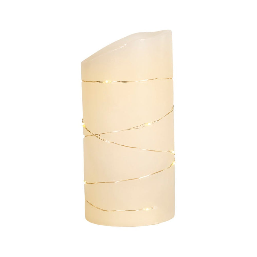 6" Battery Operated Flicker Flame White Candle With Fairy Lights