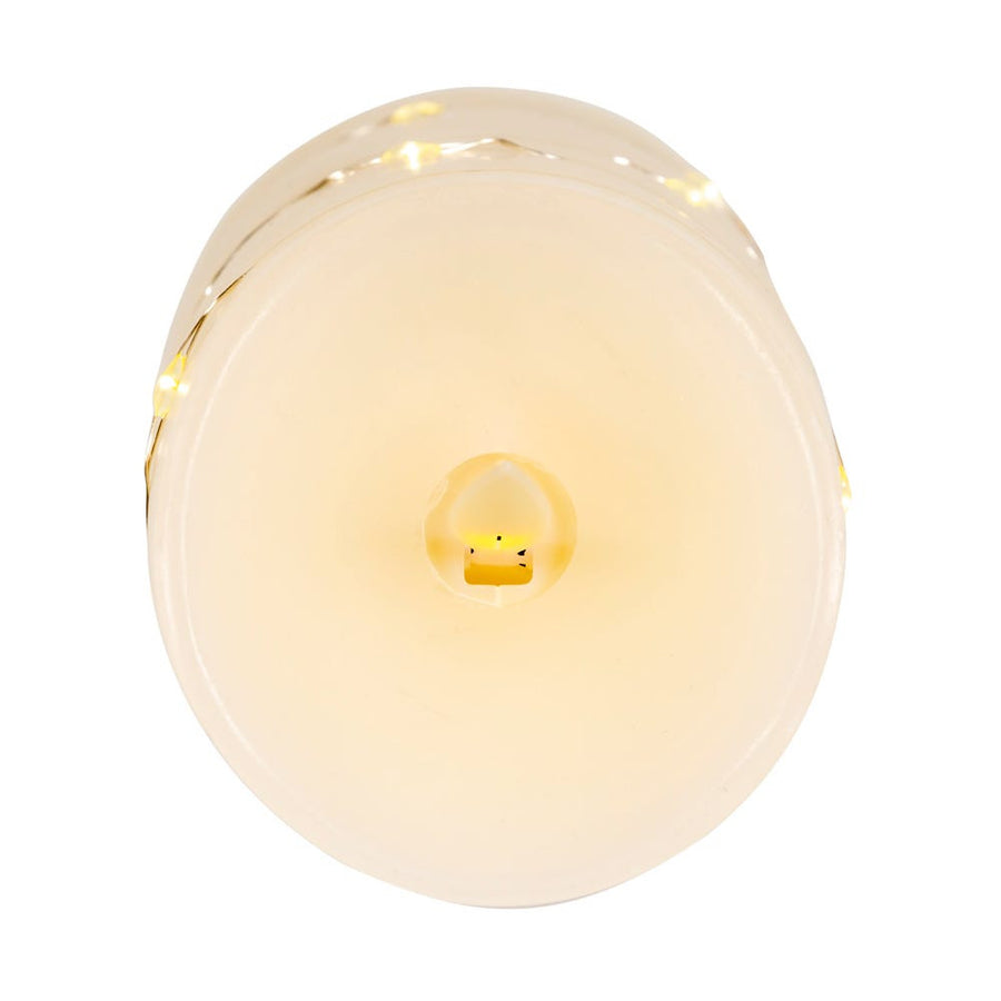 6" Battery Operated Flicker Flame White Candle With Fairy Lights