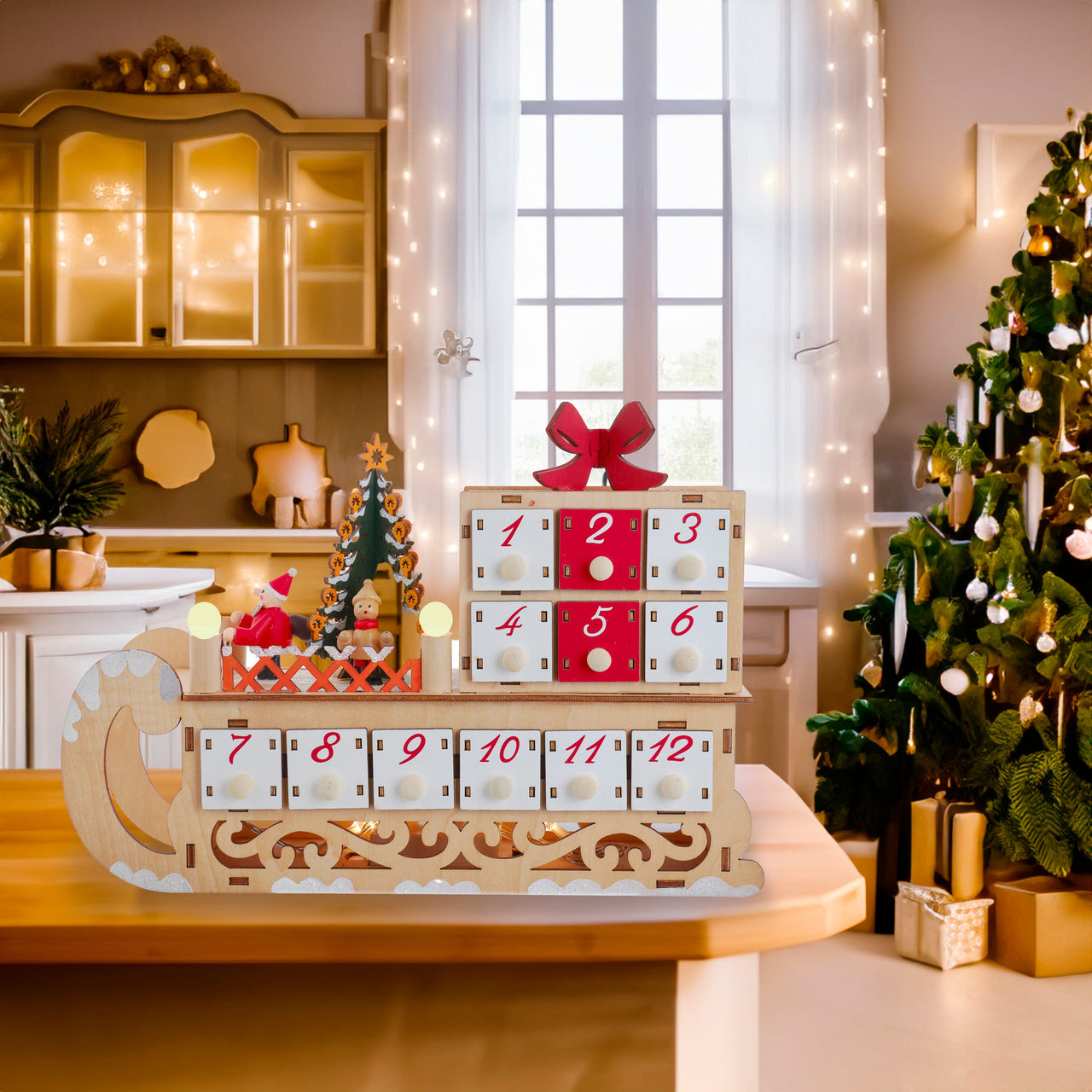 8.25" Battery Operated 6-light LED Santa Sleigh With Advent Calendar