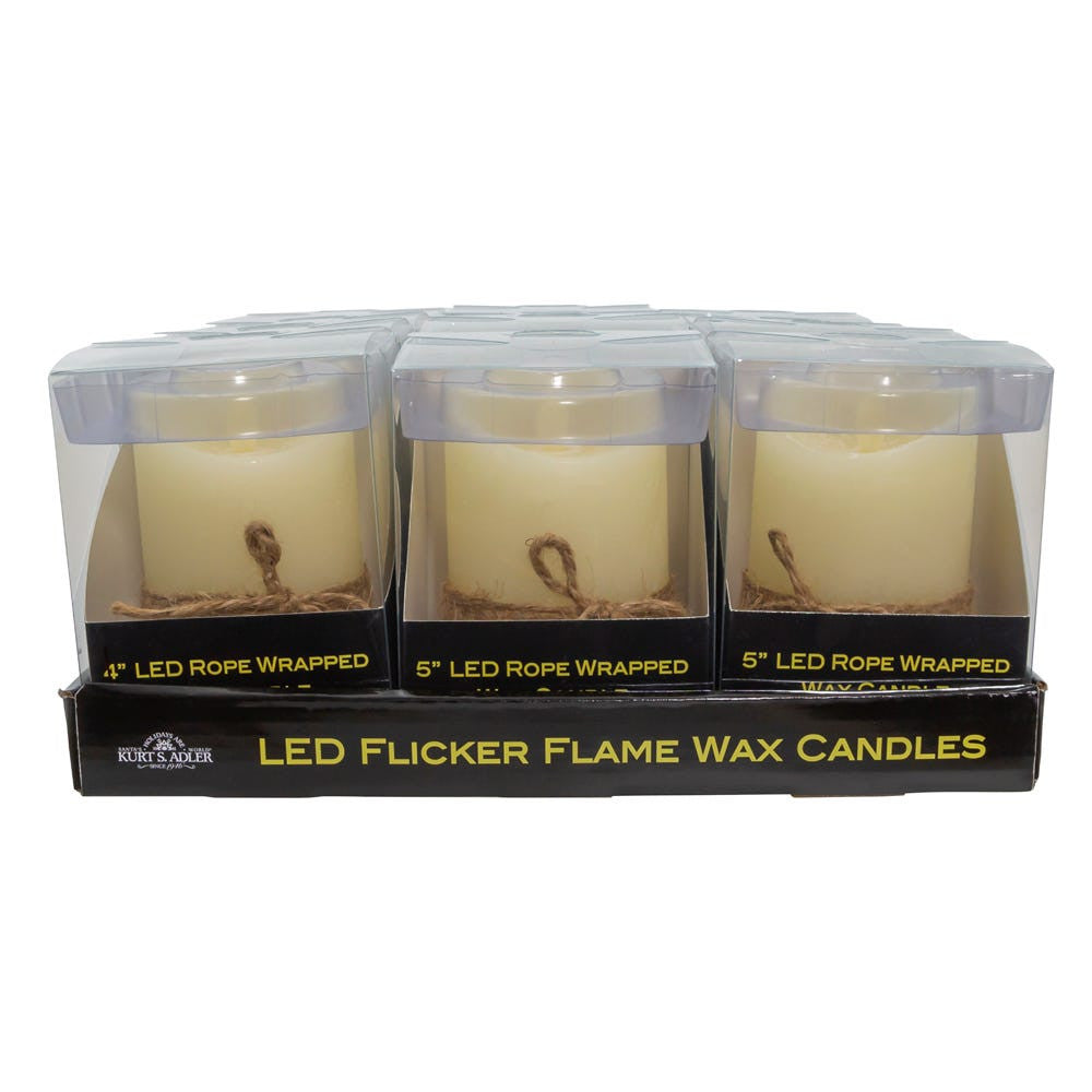5" LED Battery Operated Ivory & Rope Flicker Flame Candle