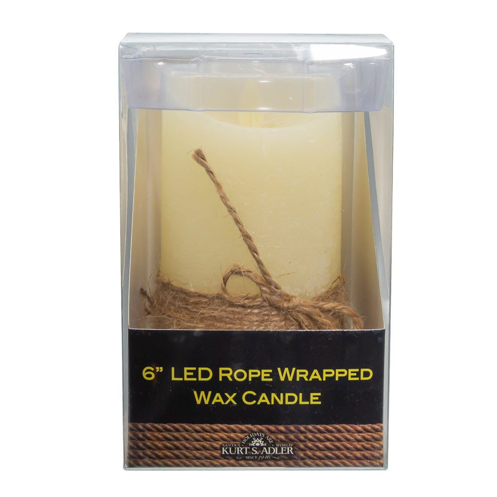 6" LED Battery Operated Ivory & Rope Flicker Flame Candle