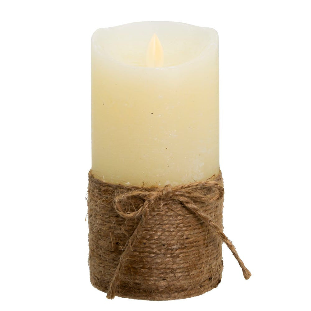 6" LED Battery Operated Ivory & Rope Flicker Flame Candle