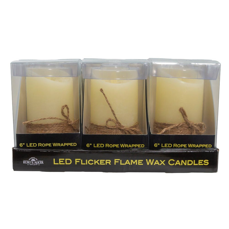 6" LED Battery Operated Ivory & Rope Flicker Flame Candle