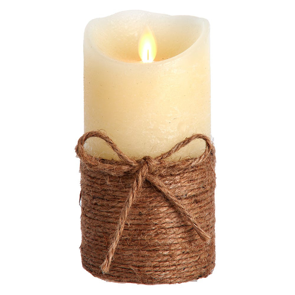 6" LED Battery Operated Ivory & Rope Flicker Flame Candle