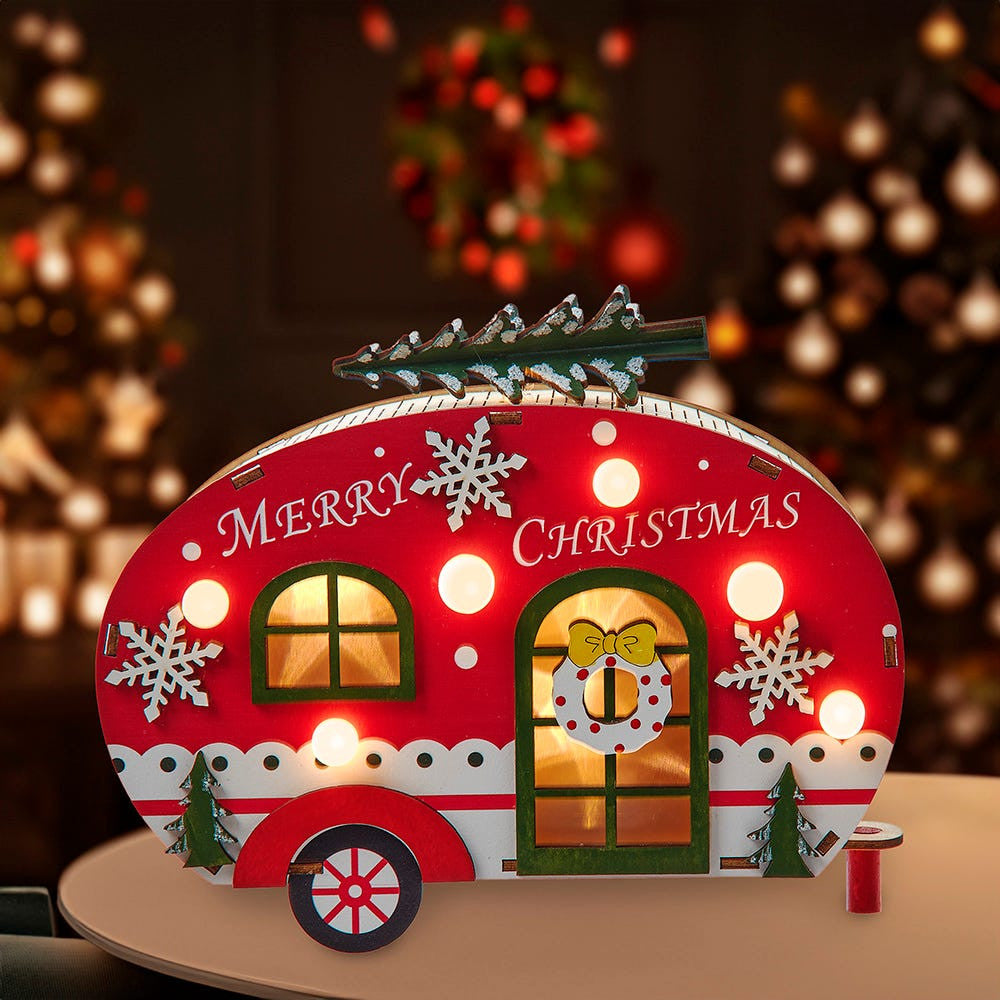 6.69" Battery Operated Wooden Lighted Camper Van