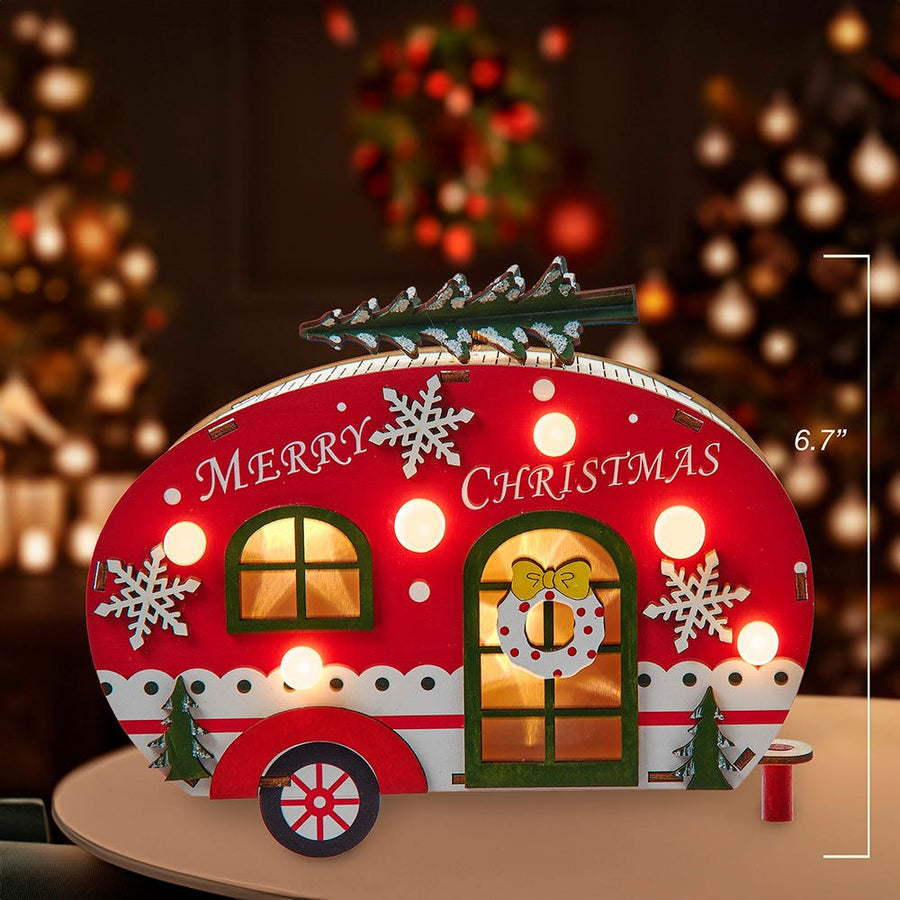 6.69" Battery Operated Wooden Lighted Camper Van