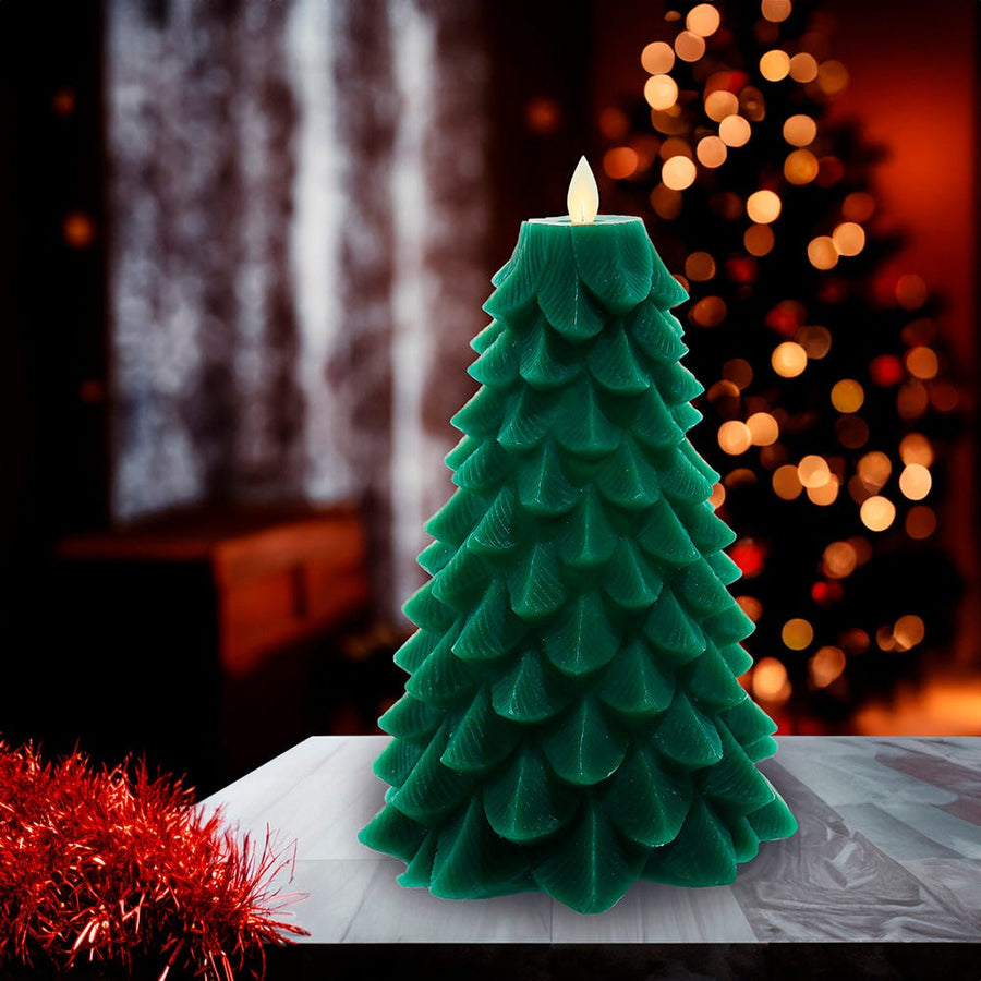 9" Battery Operated Green Christmas Tree Candle With LED Flicker Flame