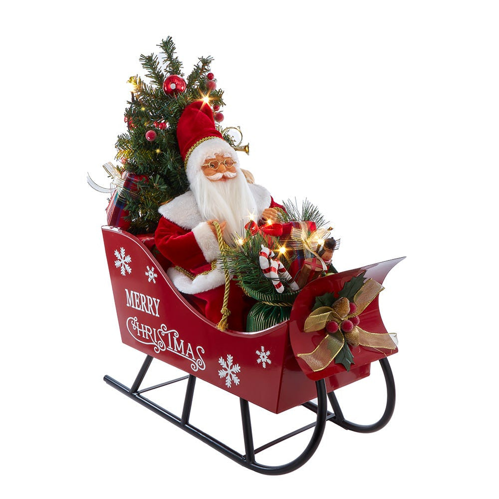 24" Battery Operated Musical LED Santa In Metal Sleigh Table Piece