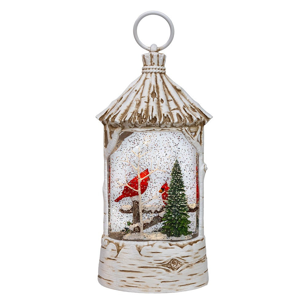 10.87" Battery Operated USB LED Lighted Lantern With Cardinals & Spinning Glitter Water