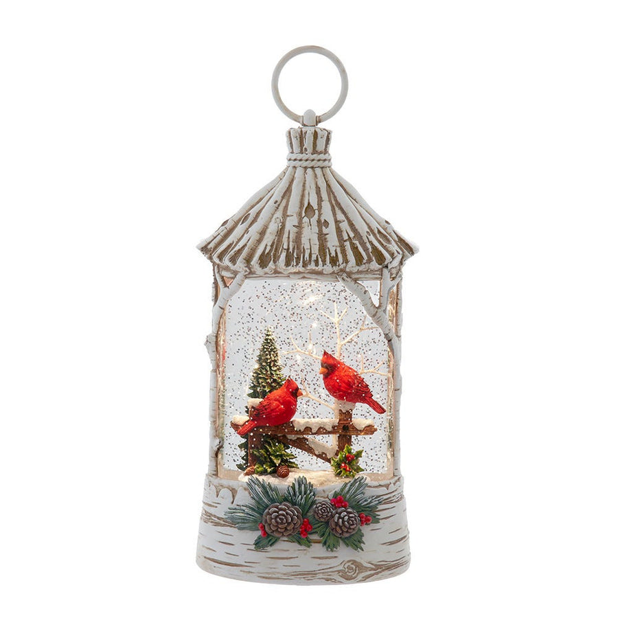 10.87" Battery Operated USB LED Lighted Lantern With Cardinals & Spinning Glitter Water