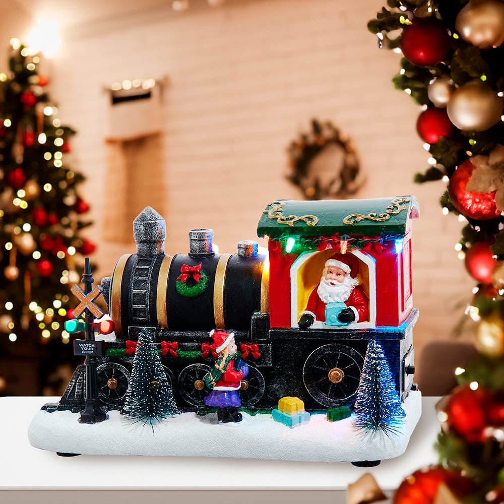 Battery Operated Lighted Musical Santa Train Table Piece