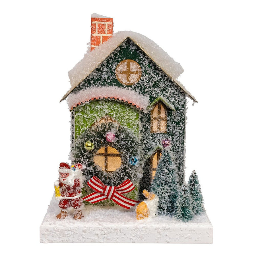 7.5" Battery Operated LED Lighted Green Paper House Table Piece