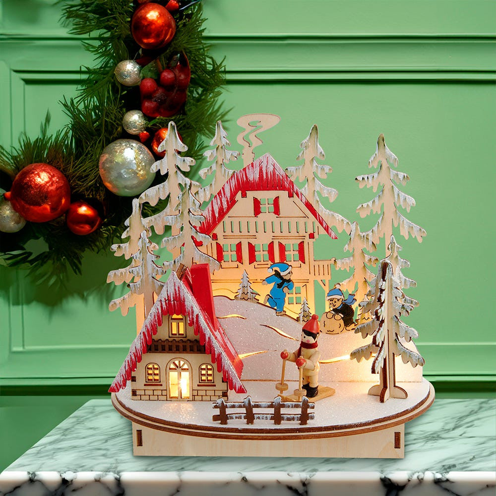 Battery Operated Light-Up LED Wooden Ski Resort Village