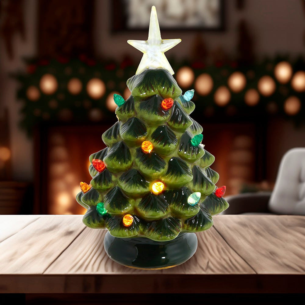 8" Battery Operated LED Lighted Ceramic Green Tree Table Piece