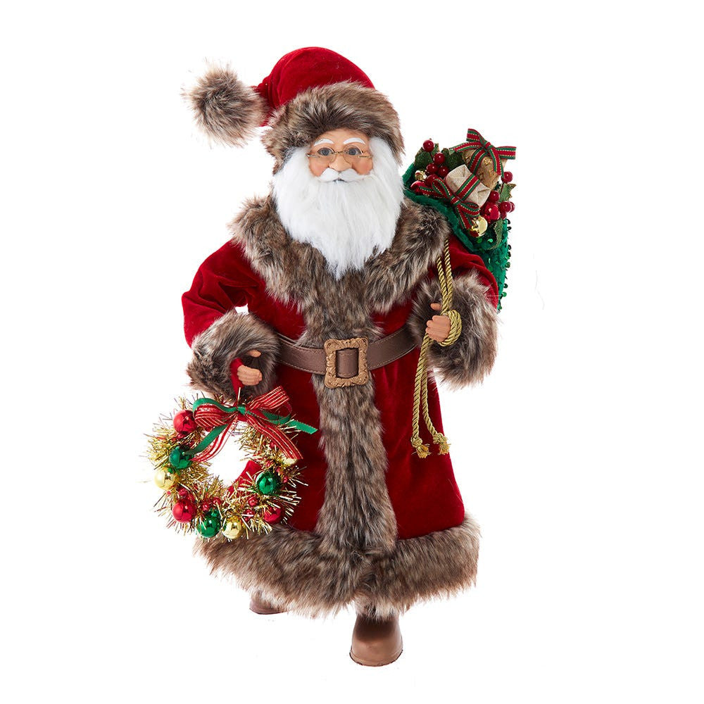 14" KSA Kringles Santa With Gray Fur & Wreath