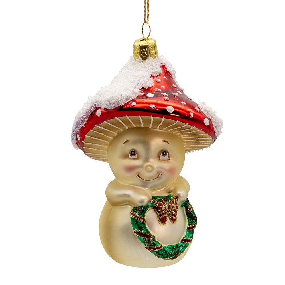 Glass Mushroom Guy Holding Wreath Ornament