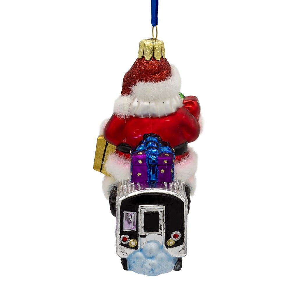 MTA NYC Transit Glass Santa Riding Subway Car Ornament