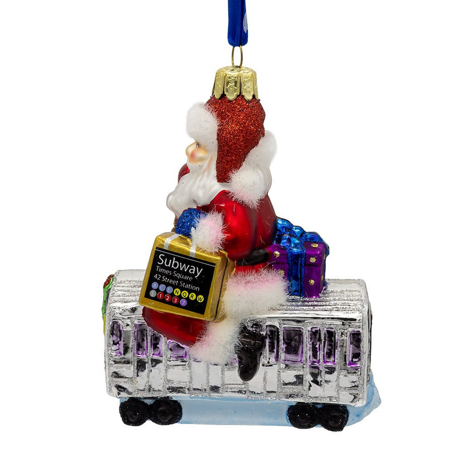 MTA NYC Transit Glass Santa Riding Subway Car Ornament