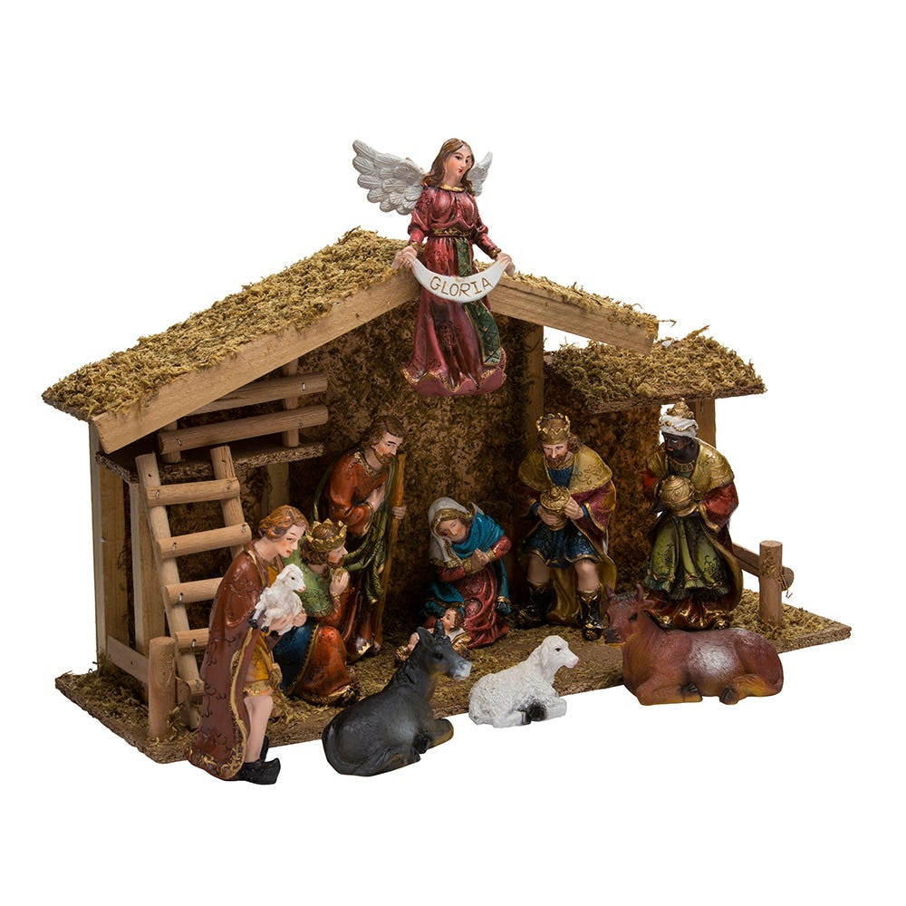 Nativity Set With Wooden Stable