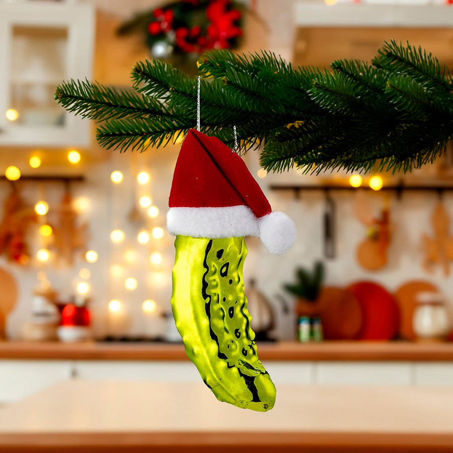 Noble Gems™ Glass Pickle In Santa Hat Ornament