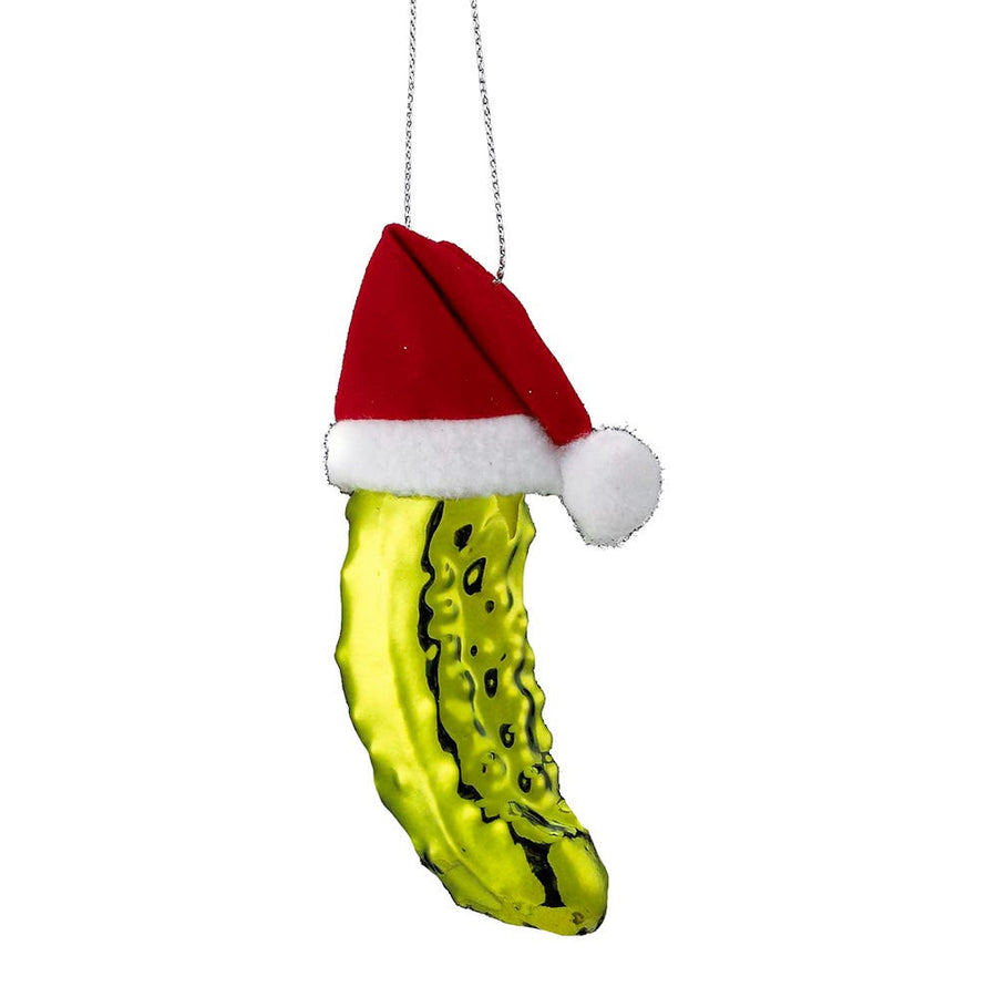 Noble Gems™ Glass Pickle In Santa Hat Ornament