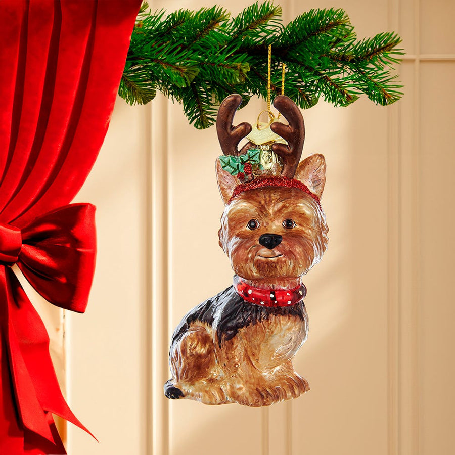 Noble Gems™ Yorkshire Terrier With Antlers Glass Ornament
