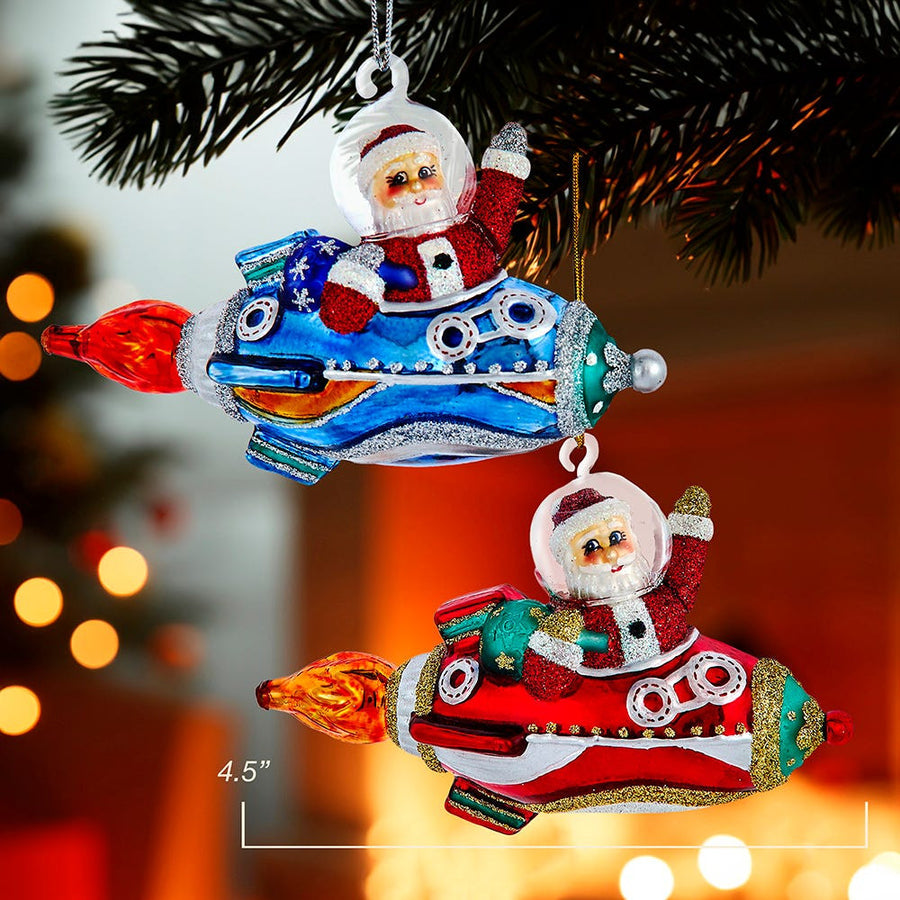 Noble Gems™ Glass Santa In Rocket Ship Ornament