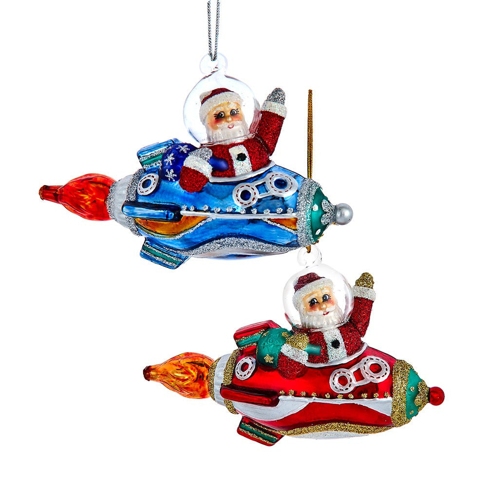 Noble Gems™ Glass Santa In Rocket Ship Ornament