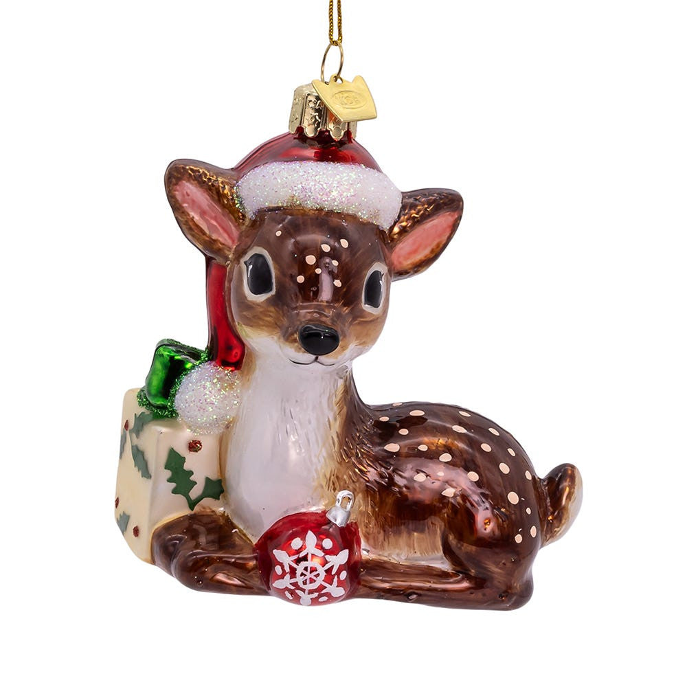 Noble Gems™ Glass Nostalgic Reindeer With Santa Hat & Gift Box Ornament