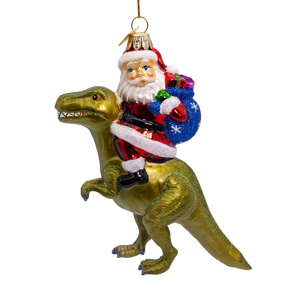 Noble Gems™ Glass Santa On Dinosaur Ornament