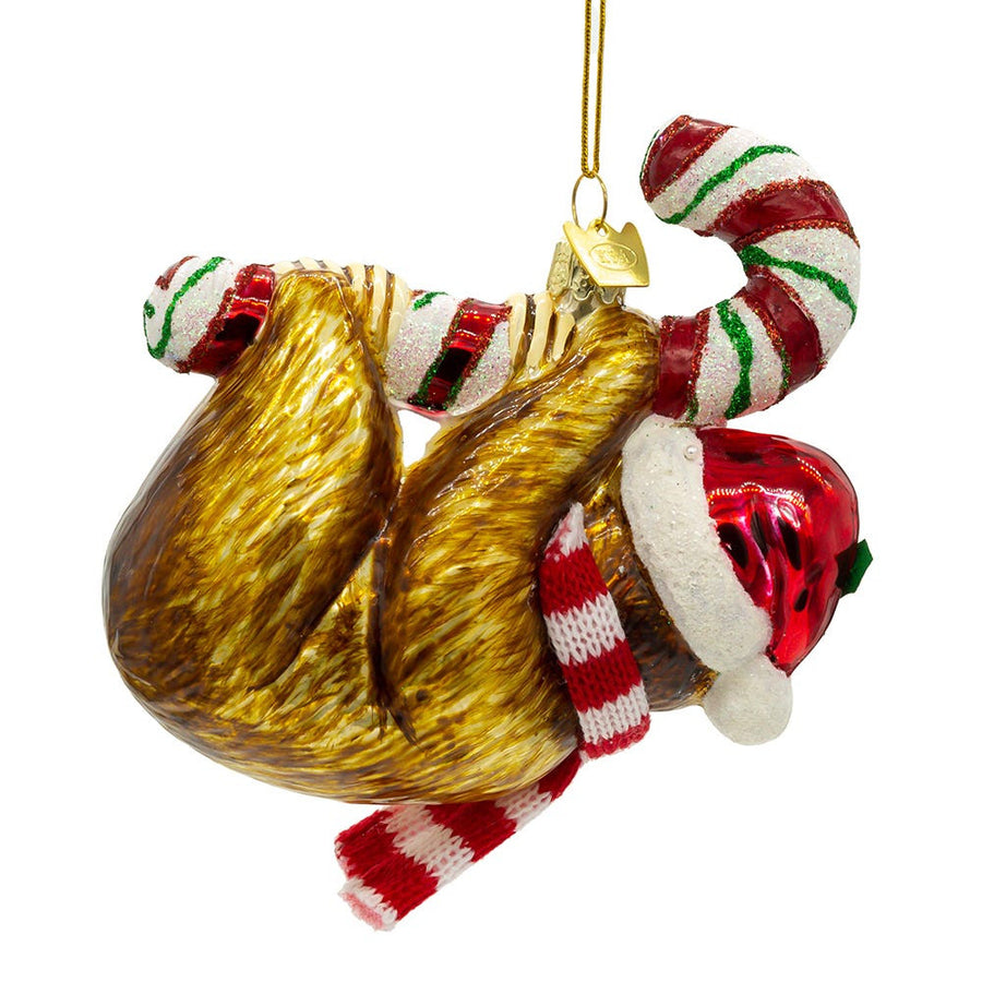 Noble Gems™ Glass Sloth With Candy Cane Ornament