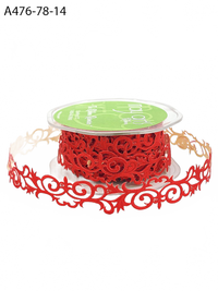 7/8 Inch Adhesive Red Satin Fleur-De-Lis Scroll Ribbon With Cut Sealed Edge