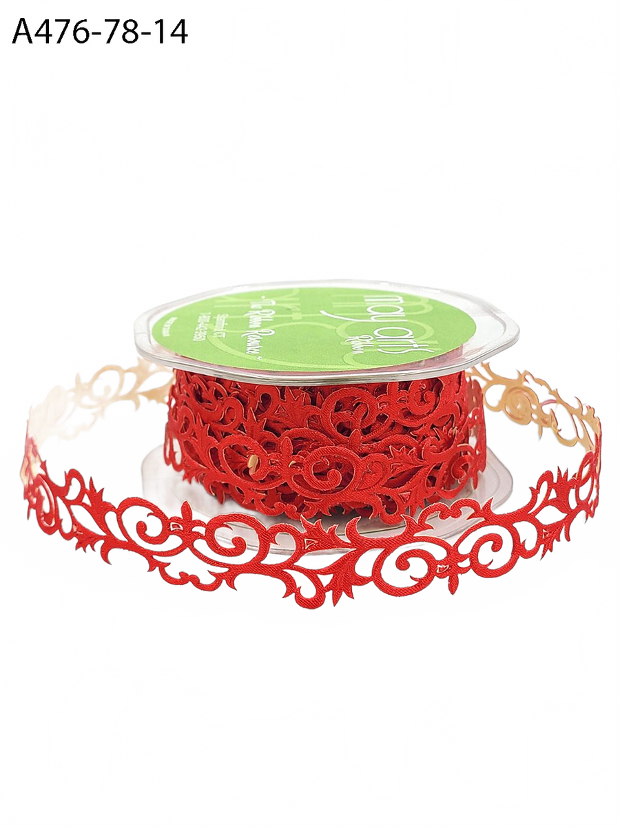 7/8 Inch Adhesive Red Satin Fleur-De-Lis Scroll Ribbon With Cut Sealed Edge