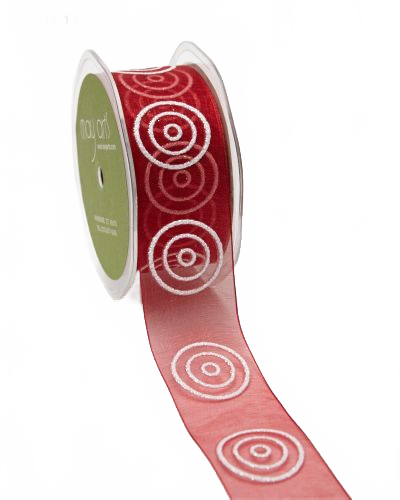 1.5 Inch Red/White Sheer With Glitter Bullseye Circles Ribbon With Woven Edge