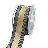 1.5 Inch Sheer Gold/Navy Metallic Stripes Wired Ribbon