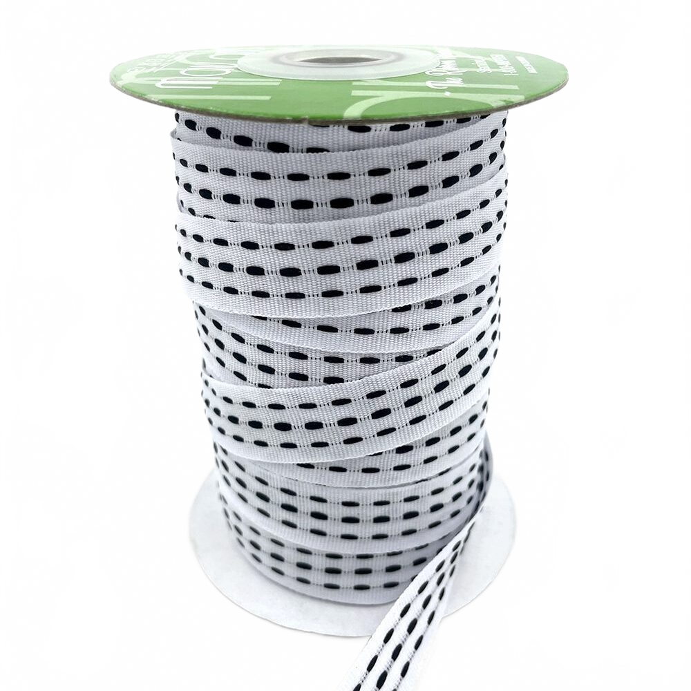 5/8 Inch White/Black Grosgrain Triple Woven Thread With Woven Edge Ribbon