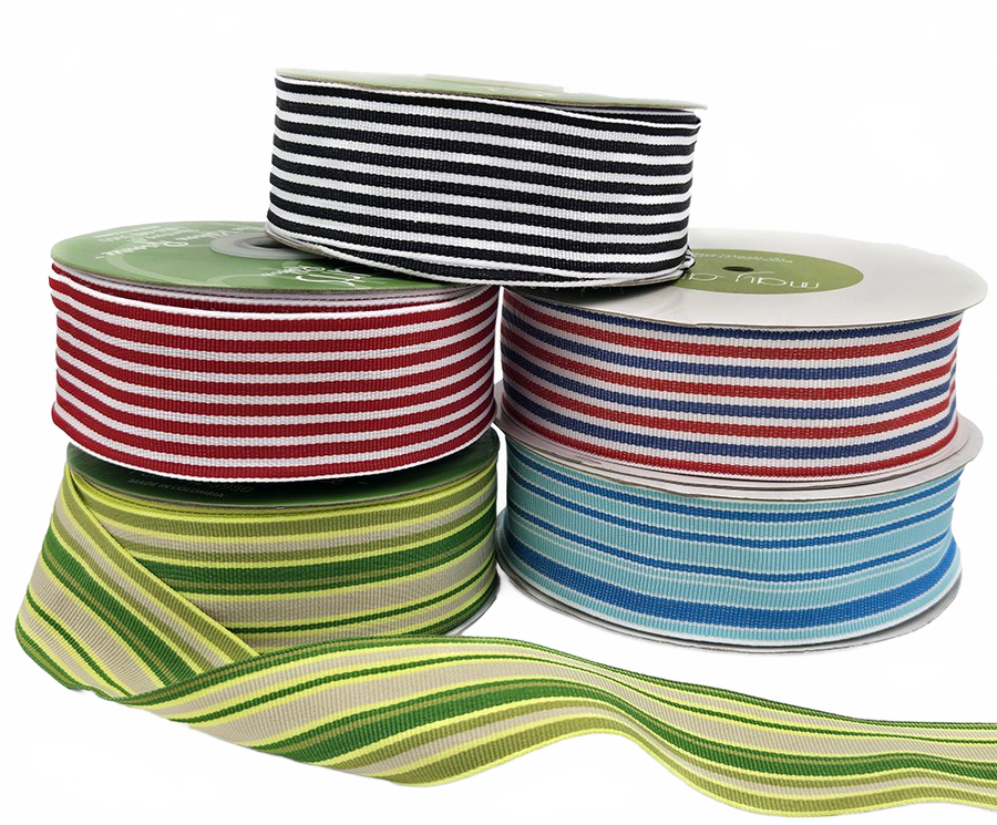 1.5 Inch Blue/Turquoise/White Grosgrain Multi-Color Striped Ribbon With Woven Edge