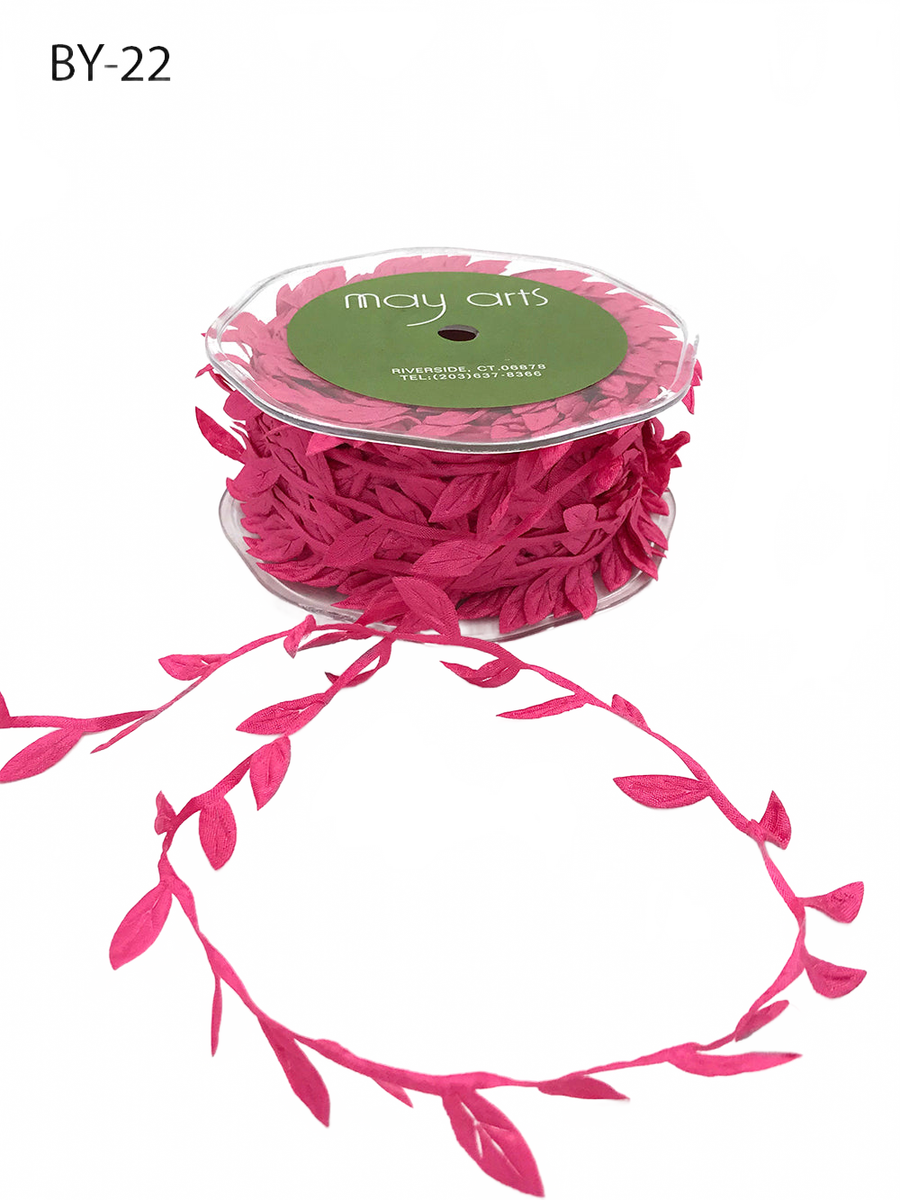 3/4 Inch Classic Leaves Fuchsia Ribbon With Sealed Cut Edge