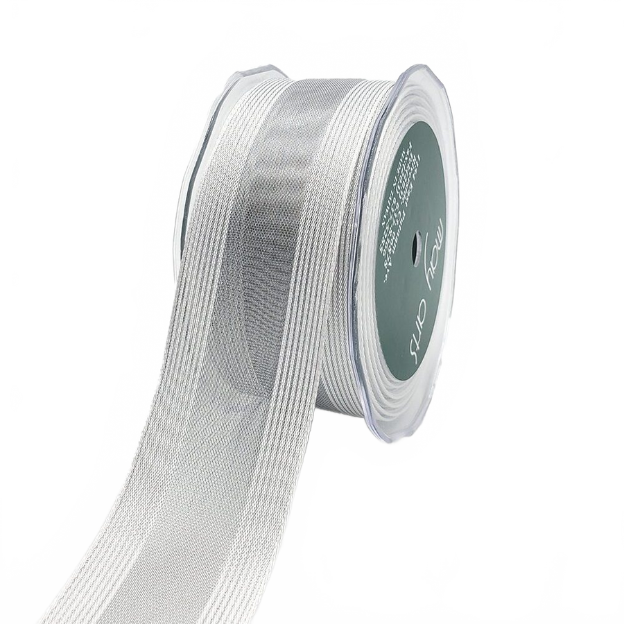 1.5 Inch Sheer Silver/White Metallic Stripes Wired Ribbon