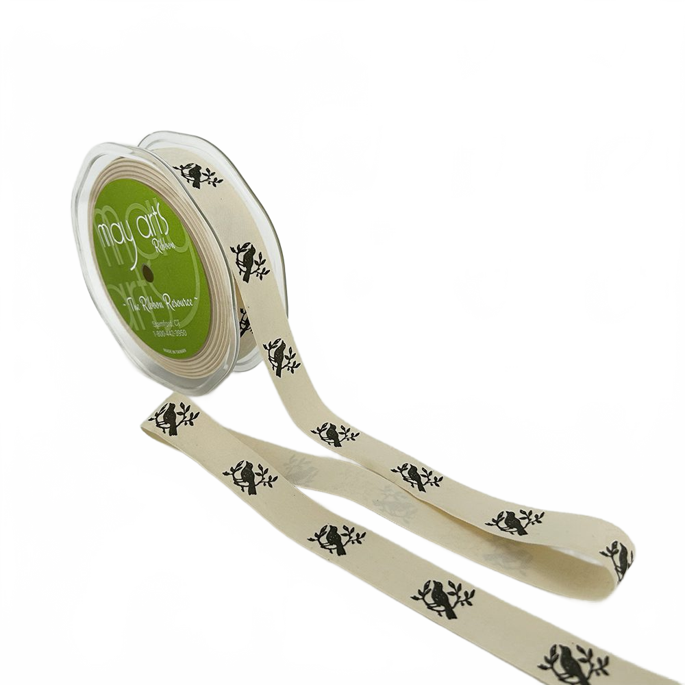 3/4 Inch Ivory Birds Canvas Printed Ribbon With Woven Edge