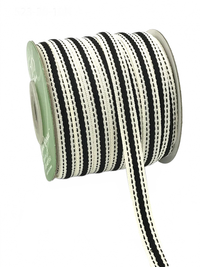 3/8 Inch Solid Color Band Ivory/Black Ribbon With Natural Woven Stitched Edge