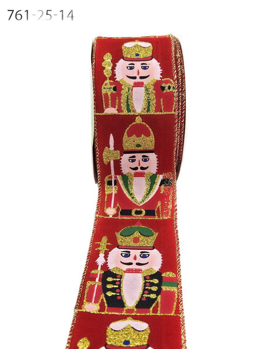 2.5 Inch Wired Faux Red Linen Glitter Nutcracker Print Ribbon