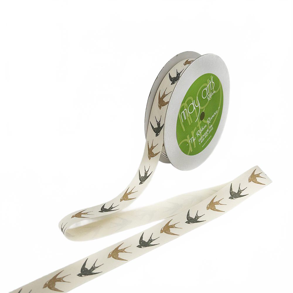 3/4 Inch Ivory Black/Brown Sparrows Canvas Printed Ribbon With Woven Edge