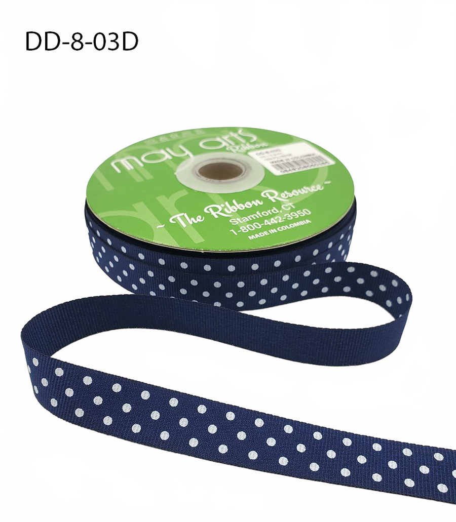 5/8 Inch Navy/White Dots Grosgrain Printed Dots Ribbon With Woven Edge