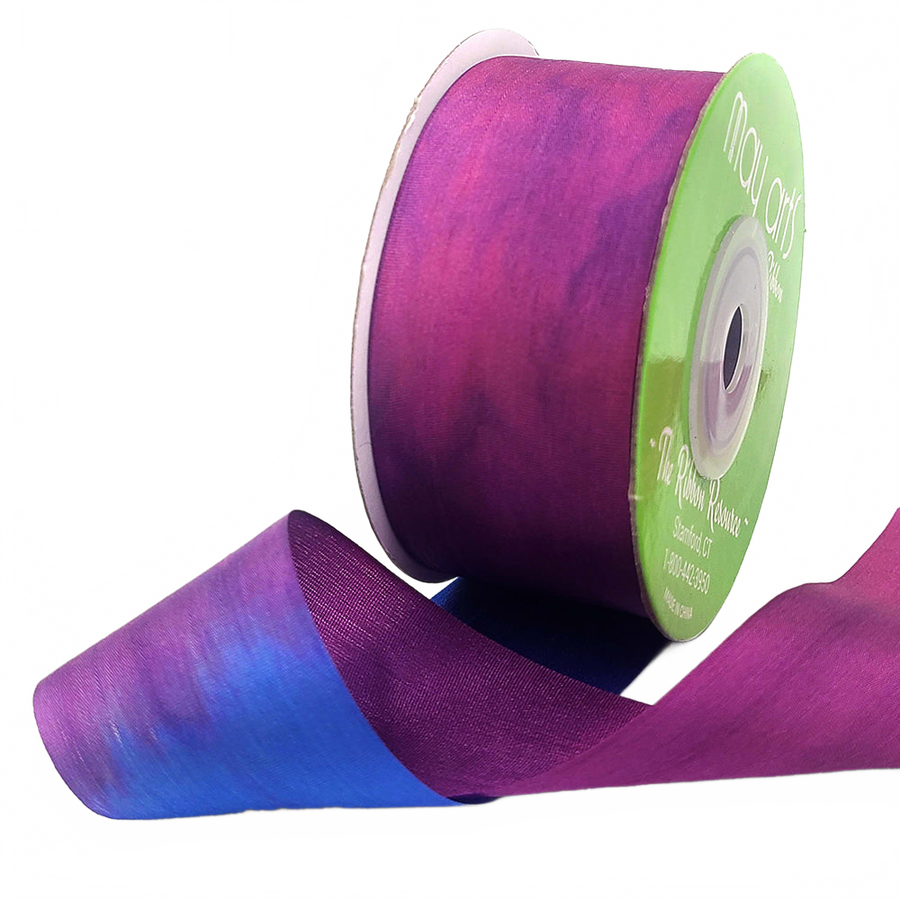 1.25 Inch 100% Hand-Dyed Variegated (Multi-Color) Blue/Purple Silk Ribbon With Woven Edge