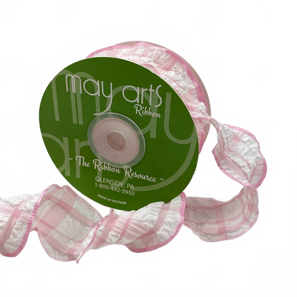 Ruffled Seersucker Tartan Plaid Pink Ribbon With Woven Edge